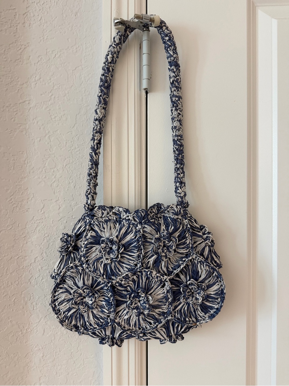 Handcrafted Navy and White Crochet Floral Shoulder Bag